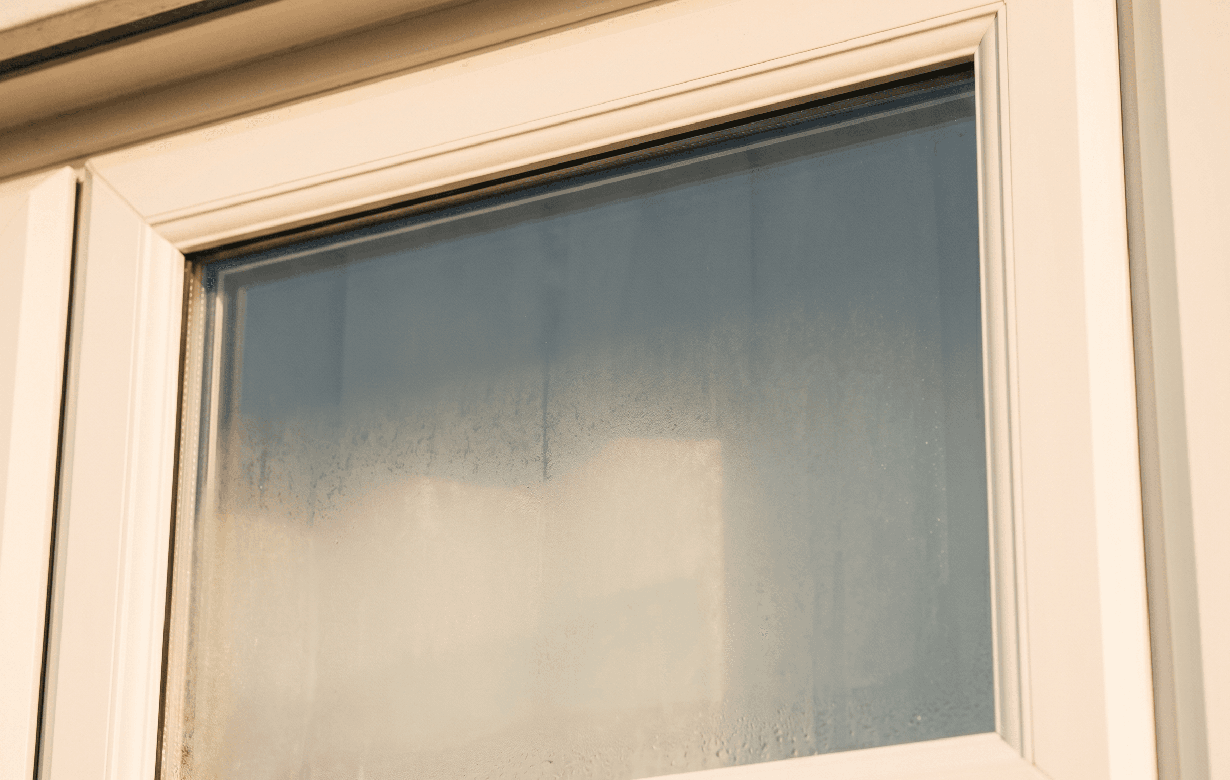 Misted double-glazed sealed unit with visible internal condensation