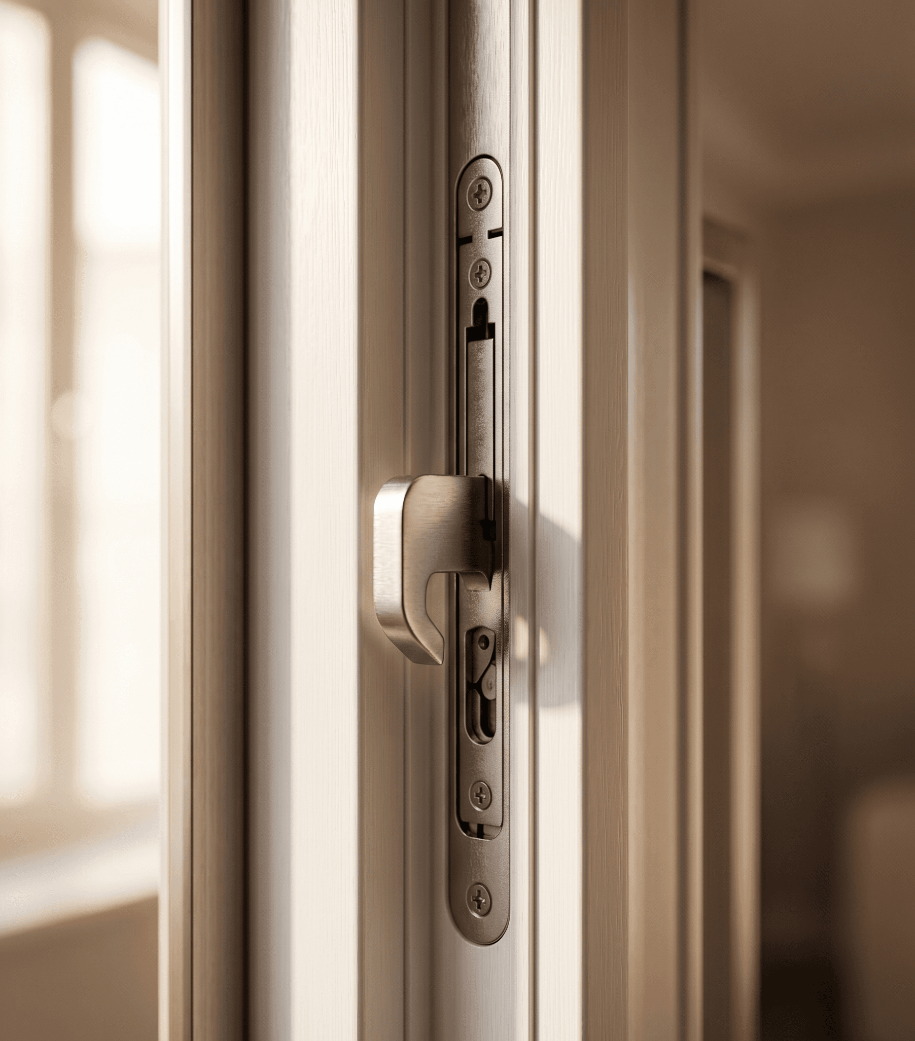 Close-up of a UPVC door handle and multi-point lock mechanism
