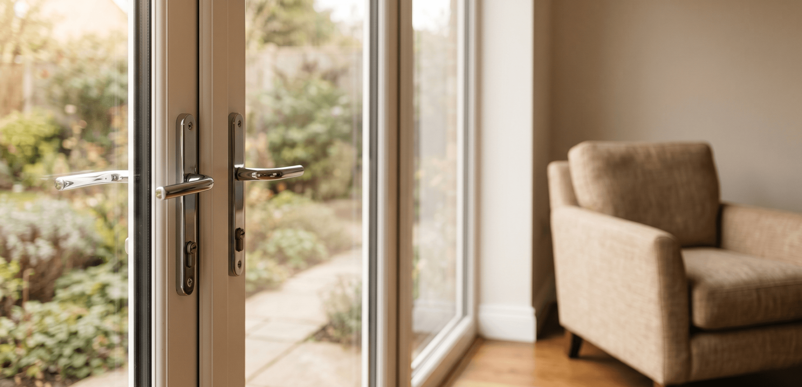 UPVC patio-style door viewed from inside showing frame and lock area