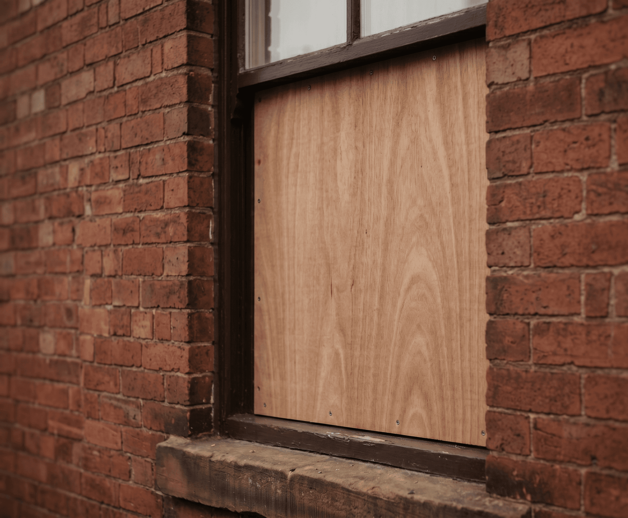 Boarding up team securing a damaged door and window opening